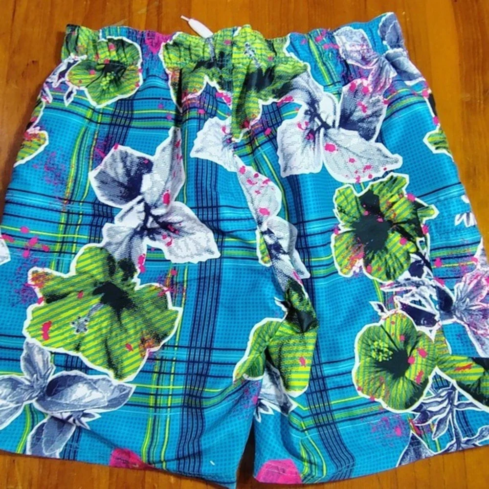 Joe Boxer Men Tropical Plaid Swim Trunks Shorts Blue L/G Aloha‎ Beach hawaiian